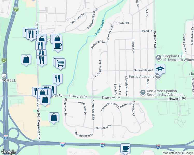 map of restaurants, bars, coffee shops, grocery stores, and more near 3855 Palisades Boulevard in Ypsilanti