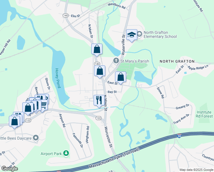 map of restaurants, bars, coffee shops, grocery stores, and more near 1 Ray Street in Grafton