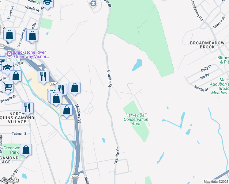 map of restaurants, bars, coffee shops, grocery stores, and more near 39 Dane Avenue in Worcester