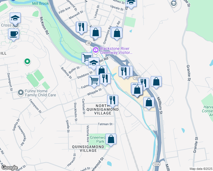 map of restaurants, bars, coffee shops, grocery stores, and more near 56 Blackstone River Road in Worcester