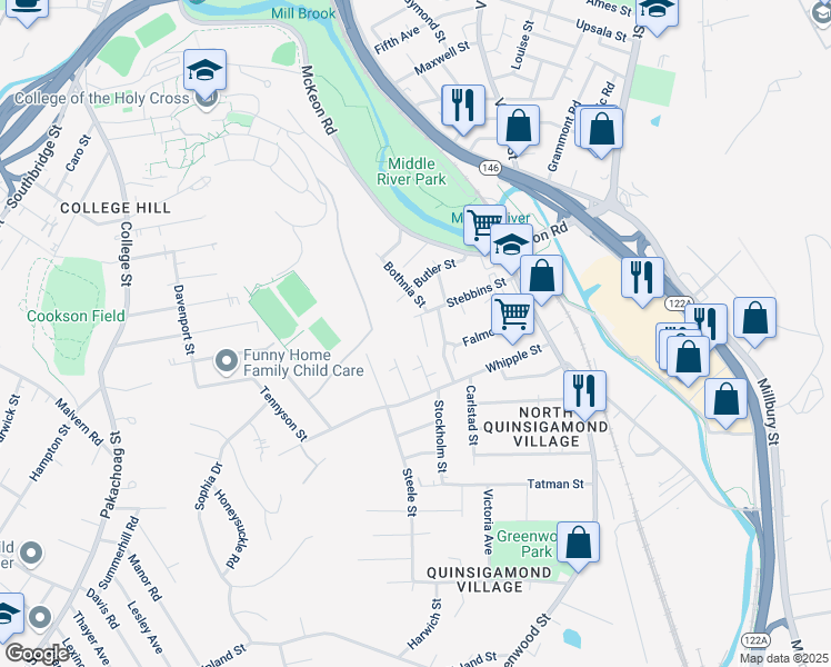 map of restaurants, bars, coffee shops, grocery stores, and more near 14 Beckman Street in Worcester
