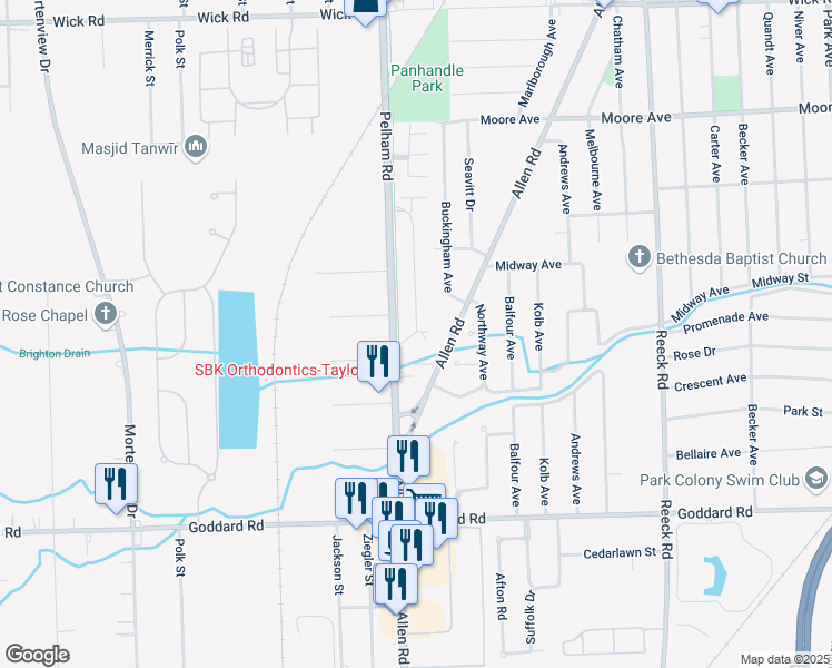 map of restaurants, bars, coffee shops, grocery stores, and more near 10225 Pelham Road in Allen Park