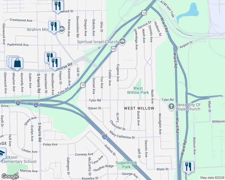 map of restaurants, bars, coffee shops, grocery stores, and more near 830 Calder Avenue in Ypsilanti