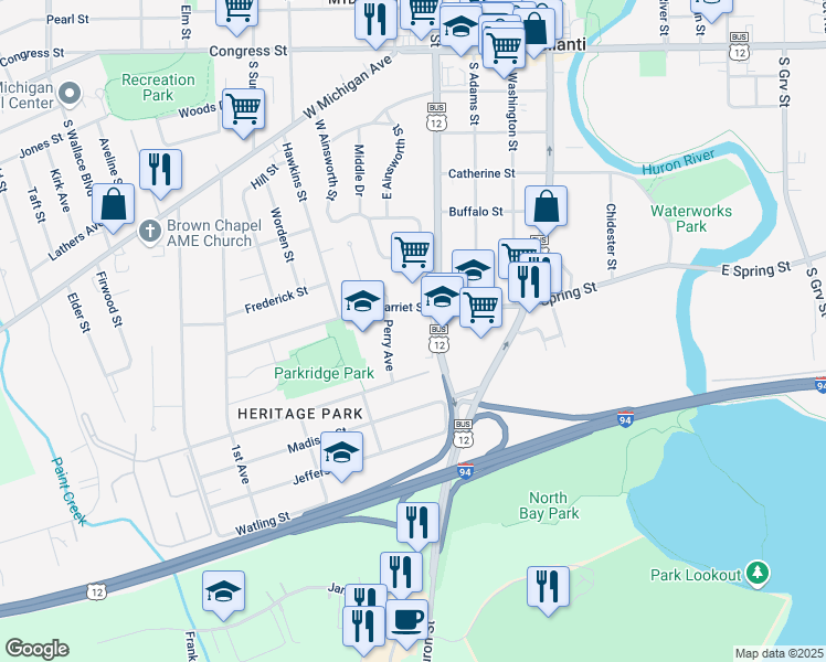 map of restaurants, bars, coffee shops, grocery stores, and more near 15 Perry Avenue in Ypsilanti