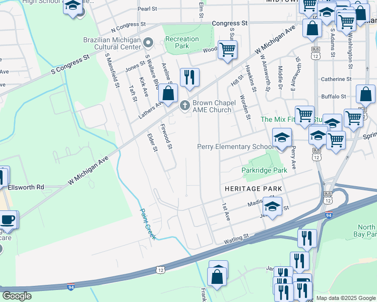 map of restaurants, bars, coffee shops, grocery stores, and more near 484 Second Avenue in Ypsilanti