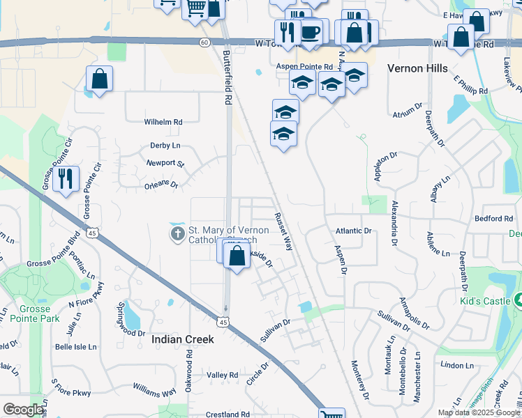 map of restaurants, bars, coffee shops, grocery stores, and more near 348 Farmington Lane in Vernon Hills