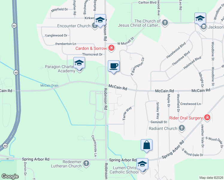 map of restaurants, bars, coffee shops, grocery stores, and more near 3637 McCain Road in Jackson