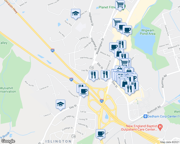 map of restaurants, bars, coffee shops, grocery stores, and more near Washington Street & Fay Road in Dedham