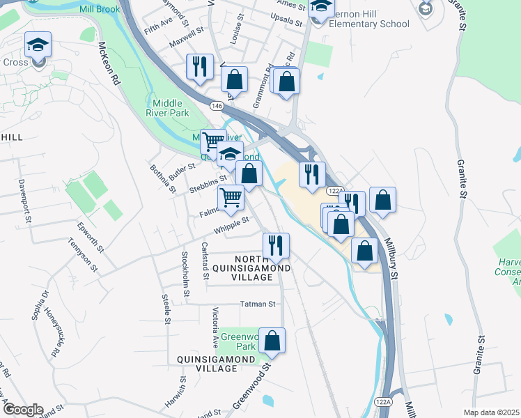 map of restaurants, bars, coffee shops, grocery stores, and more near 56 Blackstone River Road in Worcester