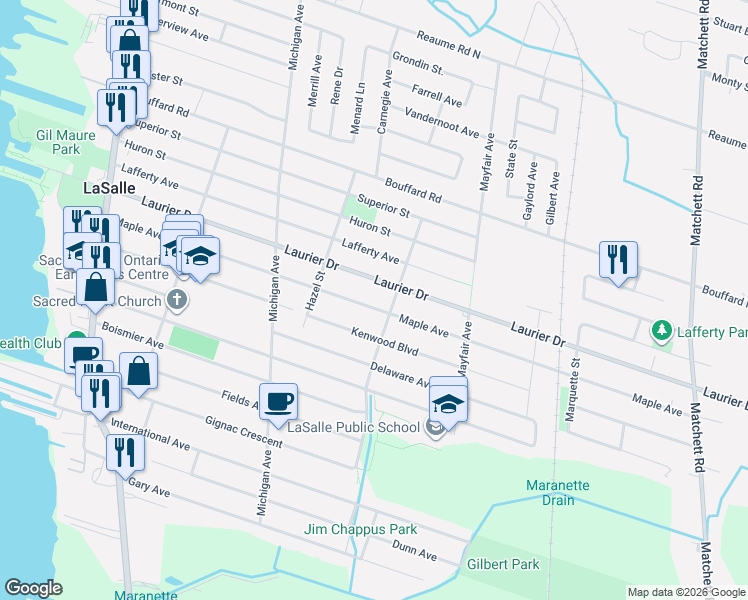map of restaurants, bars, coffee shops, grocery stores, and more near 480 Maple Avenue in Windsor