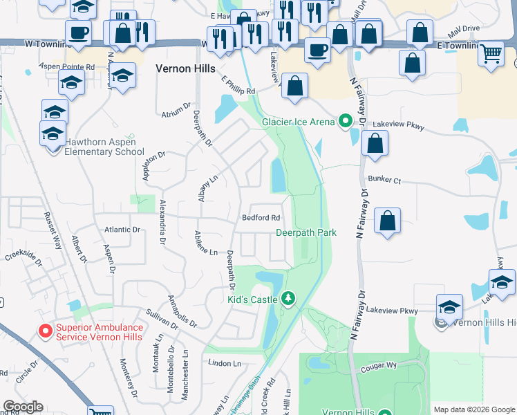 map of restaurants, bars, coffee shops, grocery stores, and more near 302 Spring Lane in Vernon Hills