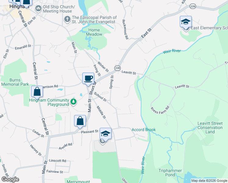 map of restaurants, bars, coffee shops, grocery stores, and more near 30 Spring Street in Hingham