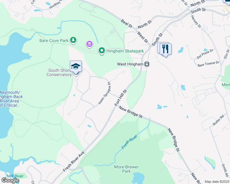 map of restaurants, bars, coffee shops, grocery stores, and more near 1 Charles Everett Way in Hingham