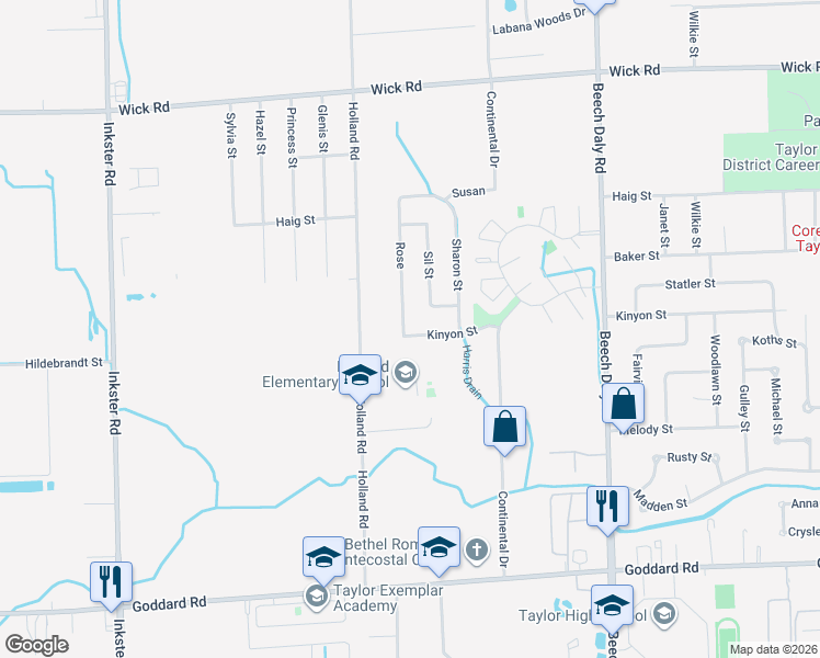 map of restaurants, bars, coffee shops, grocery stores, and more near 26427 Kinyon Street in Taylor