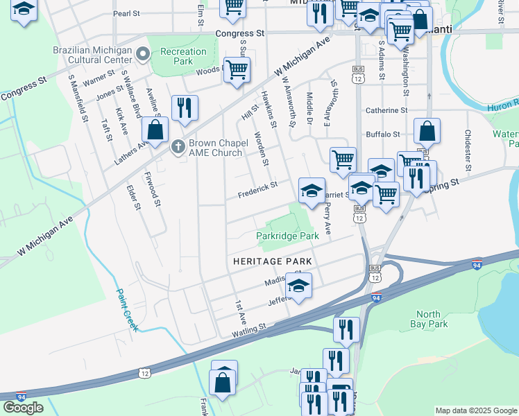 map of restaurants, bars, coffee shops, grocery stores, and more near 591 Armstrong Drive in Ypsilanti