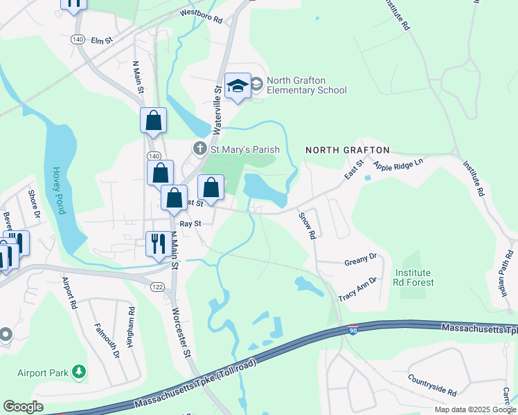 map of restaurants, bars, coffee shops, grocery stores, and more near 30 East Street in Grafton