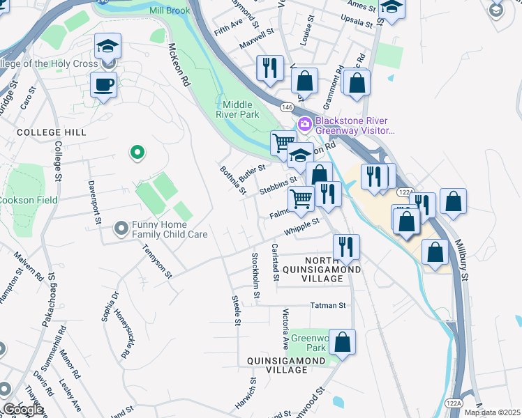 map of restaurants, bars, coffee shops, grocery stores, and more near 2 Arline Street in Worcester
