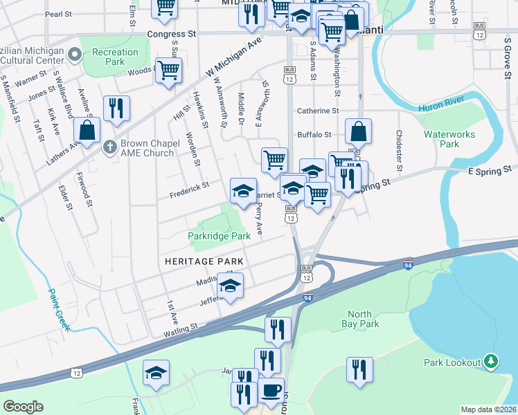 map of restaurants, bars, coffee shops, grocery stores, and more near 15 Perry Avenue in Ypsilanti