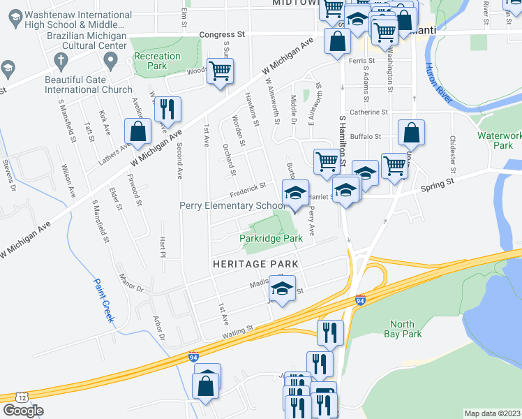 map of restaurants, bars, coffee shops, grocery stores, and more near 791 Harriet Street in Ypsilanti