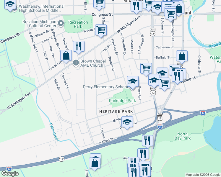 map of restaurants, bars, coffee shops, grocery stores, and more near 591 Armstrong Drive in Ypsilanti