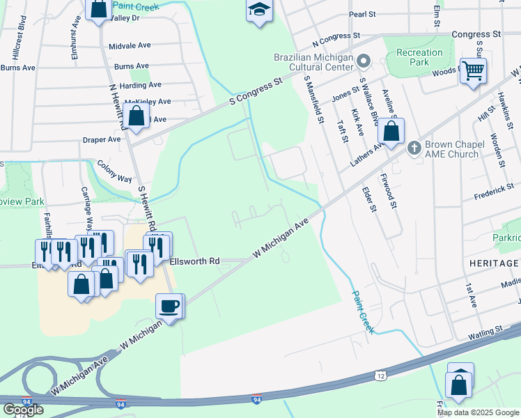 map of restaurants, bars, coffee shops, grocery stores, and more near 1774 Meadow Woods Boulevard in Ypsilanti