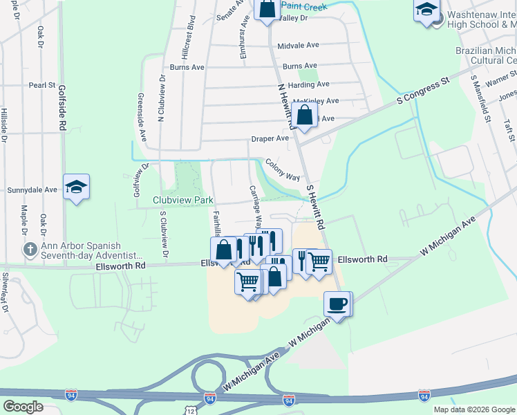 map of restaurants, bars, coffee shops, grocery stores, and more near 276 Carriage Way in Ypsilanti