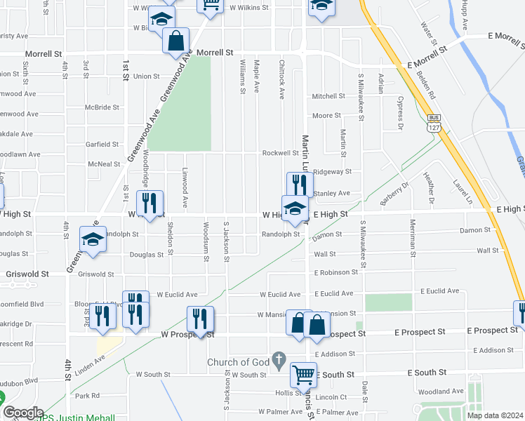 map of restaurants, bars, coffee shops, grocery stores, and more near 143 West High Street in Jackson