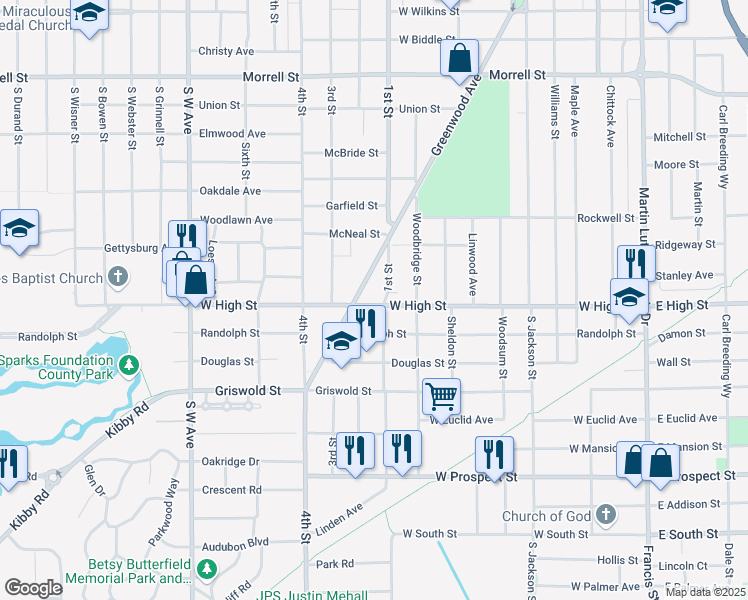 map of restaurants, bars, coffee shops, grocery stores, and more near 405 West High Street in Jackson
