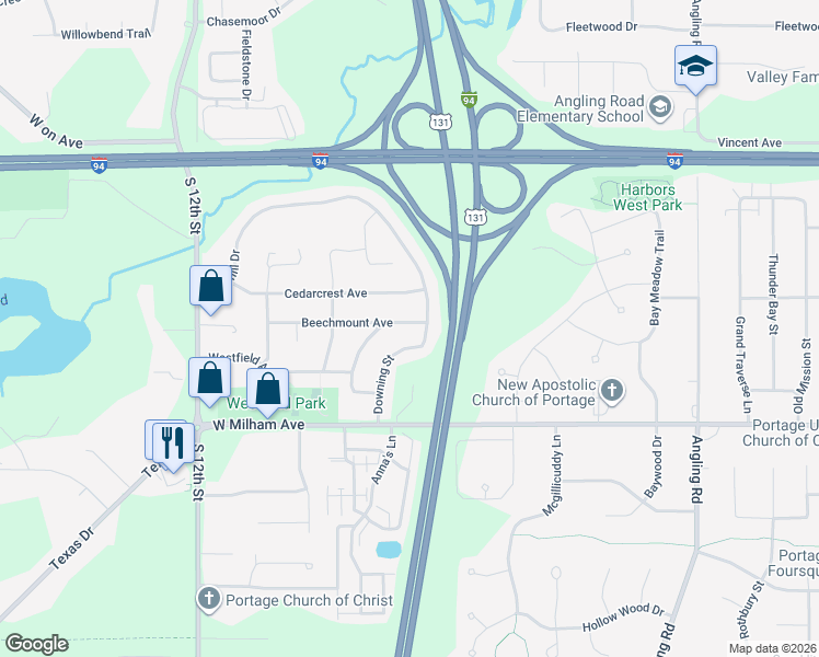 map of restaurants, bars, coffee shops, grocery stores, and more near 5823 Downing Street in Portage