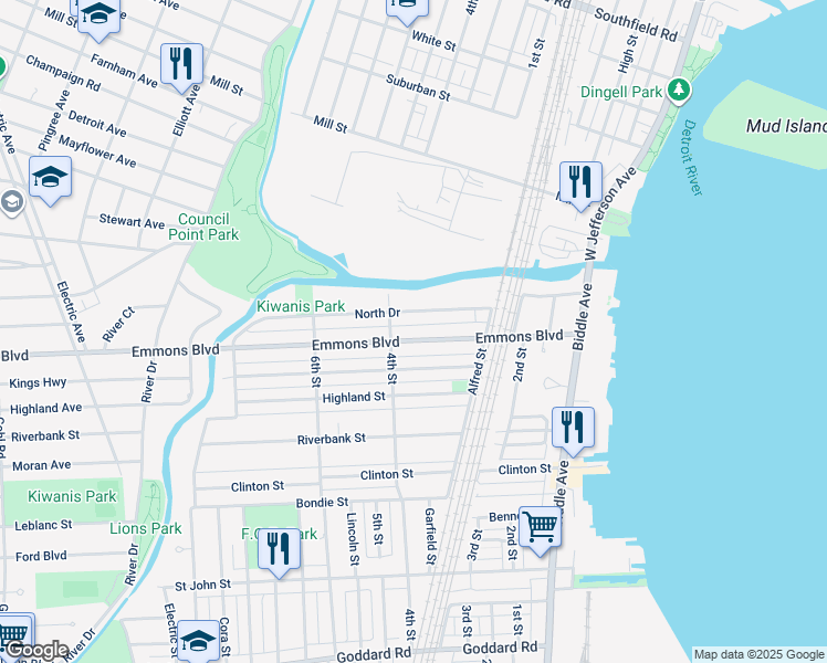 map of restaurants, bars, coffee shops, grocery stores, and more near 365 Emmons Boulevard in Wyandotte