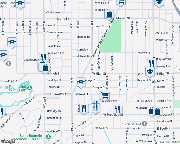 map of restaurants, bars, coffee shops, grocery stores, and more near 405 West High Street in Jackson