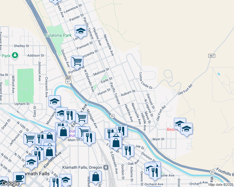 map of restaurants, bars, coffee shops, grocery stores, and more near 511 Pacific Terrace in Klamath Falls