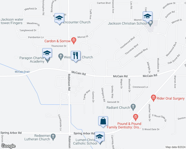 map of restaurants, bars, coffee shops, grocery stores, and more near 922 Oak Brook Drive in Jackson