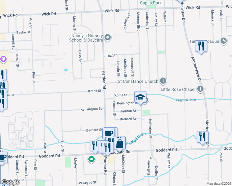 map of restaurants, bars, coffee shops, grocery stores, and more near 22171 Koths Street in Taylor