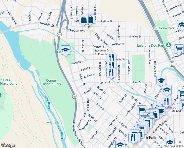 map of restaurants, bars, coffee shops, grocery stores, and more near 1400 Lakeview Avenue in Klamath Falls