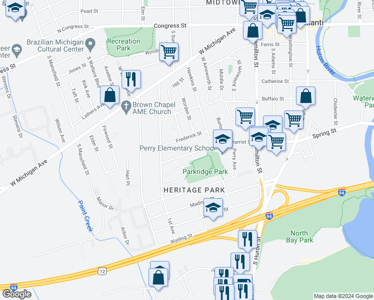 map of restaurants, bars, coffee shops, grocery stores, and more near 774 Harriet Street in Ypsilanti