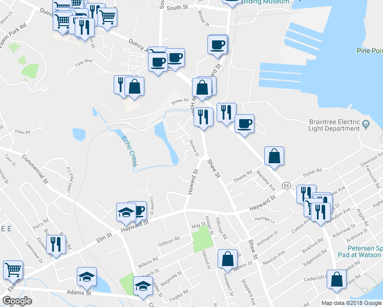 map of restaurants, bars, coffee shops, grocery stores, and more near 76 Howard Street in Braintree
