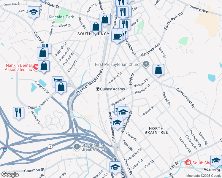 map of restaurants, bars, coffee shops, grocery stores, and more near 194 Independence Avenue in Quincy