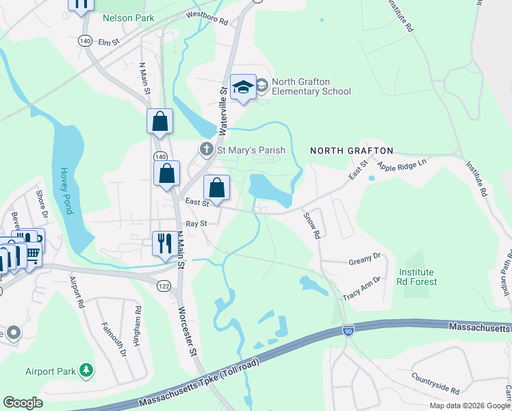 map of restaurants, bars, coffee shops, grocery stores, and more near 30 East Street in Grafton