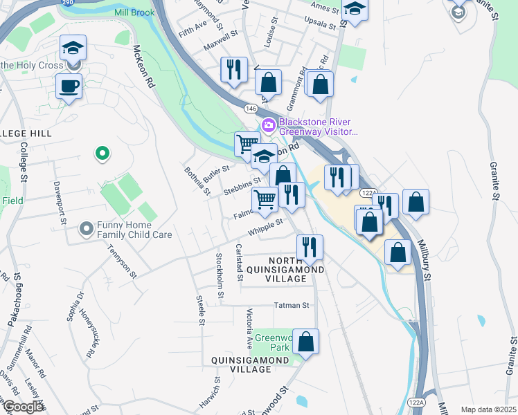 map of restaurants, bars, coffee shops, grocery stores, and more near 14 Whipple Street in Worcester
