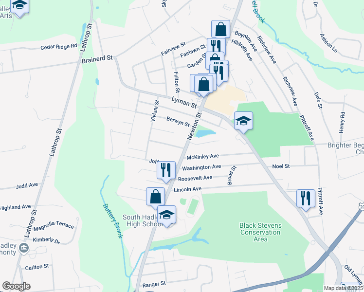 map of restaurants, bars, coffee shops, grocery stores, and more near 390 Massachusetts 116 in South Hadley