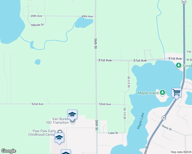 map of restaurants, bars, coffee shops, grocery stores, and more near 51305 County Road 665 in Paw Paw
