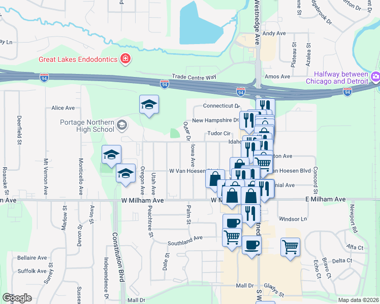 map of restaurants, bars, coffee shops, grocery stores, and more near 5748 Iowa Avenue in Portage