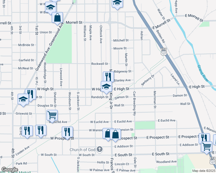 map of restaurants, bars, coffee shops, grocery stores, and more near 1307 Francis Street in Jackson