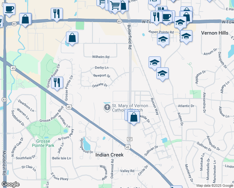 map of restaurants, bars, coffee shops, grocery stores, and more near 1415 Canterbury Lane in Mundelein