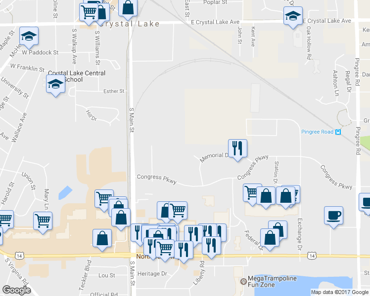 map of restaurants, bars, coffee shops, grocery stores, and more near 286 Memorial Court in Crystal Lake