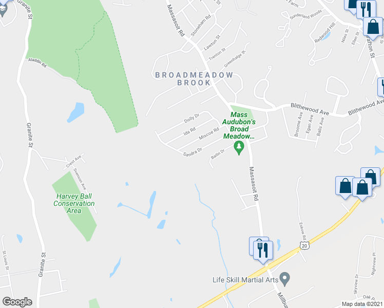 map of restaurants, bars, coffee shops, grocery stores, and more near 30 Sandra Drive in Worcester