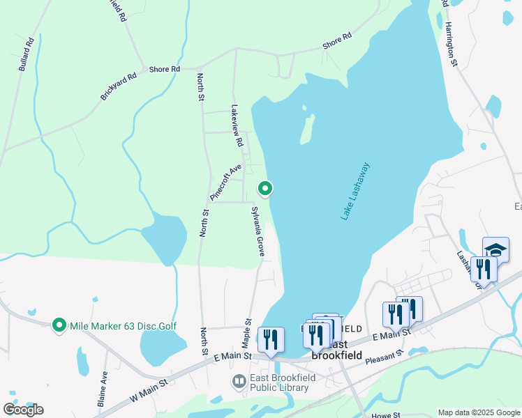 map of restaurants, bars, coffee shops, grocery stores, and more near 10 Sylvania Grove in North Brookfield
