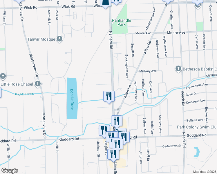 map of restaurants, bars, coffee shops, grocery stores, and more near 10098 Allen Pointe Drive in Allen Park