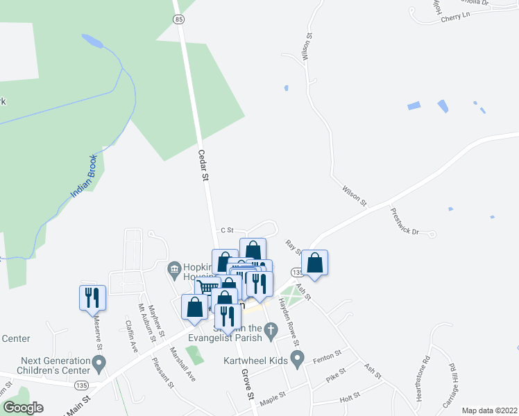 map of restaurants, bars, coffee shops, grocery stores, and more near 50 Walcott Valley Drive in Hopkinton